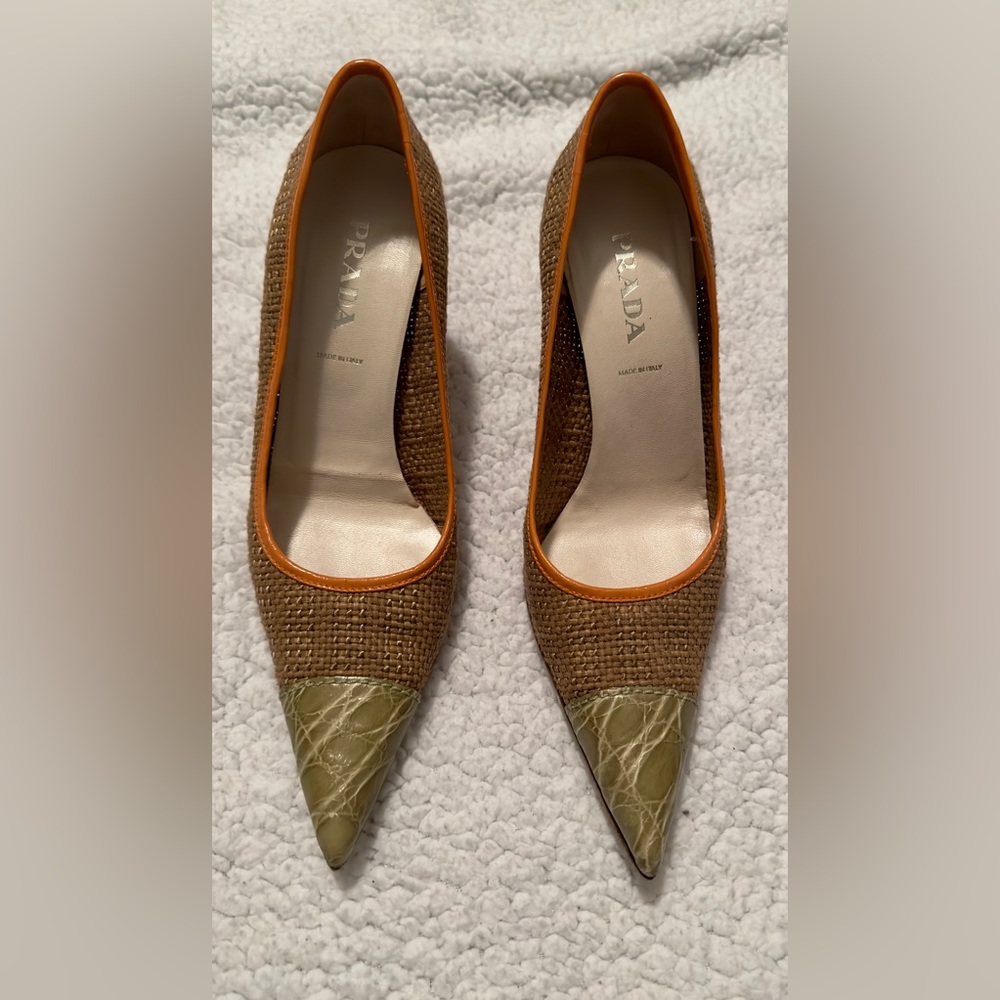 Prada Shoe Textile Green Crocodile Toe Cap Patent Leather Trim